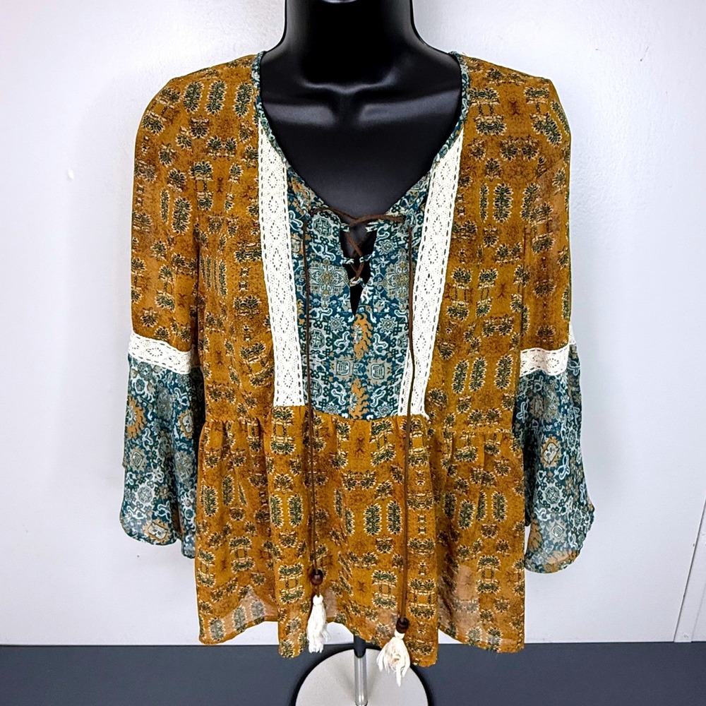 Maurices Top Womens Small Mustard Teal Boho Lace Up Tassel Bell Sleeve Peplum